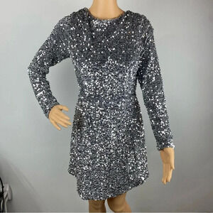 Angel Biba Womens 12 Silver Sequin Long Sleeve Dress NWT Holiday Cocktail Party